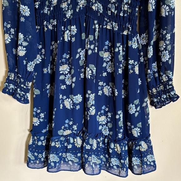 Max Studio| Boho Royal Blue Floral Long Sleeve Gathered Ruffled Dress Sz M - Picture 3 of 7